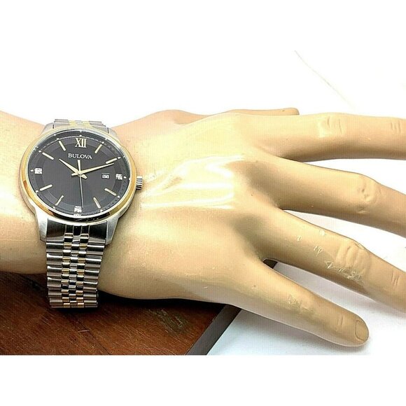 Bulova Men's Watch 98D163 Black Dial Diamond Quartz Two Tone Stainless Steel - Picture 4 of 13